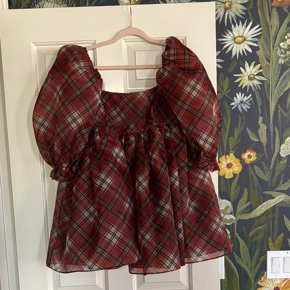 Selkie Red Tartan Puff Sleeve Babydoll dress - Picture 3 of 6